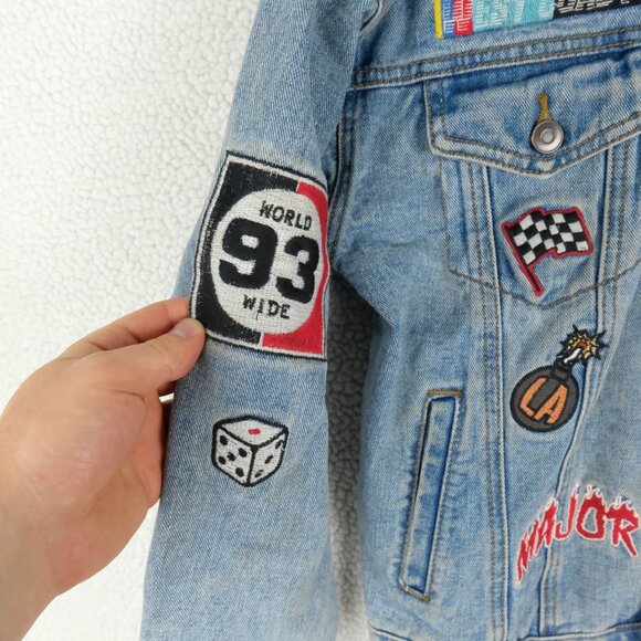 Vintage Jean Jacket Womens Medium Blue Denim Patches Racing Moto 90s - Picture 4 of 13